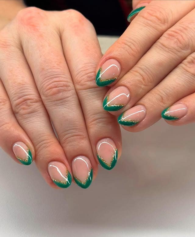 22. Emerald Green French Almond Nails with Gold Accents - sophisticated nail ideas