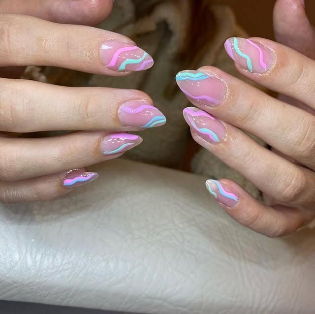 8. Pastel Almond Nails with Multicolor Squiggle Accents - squiggle nail ideas