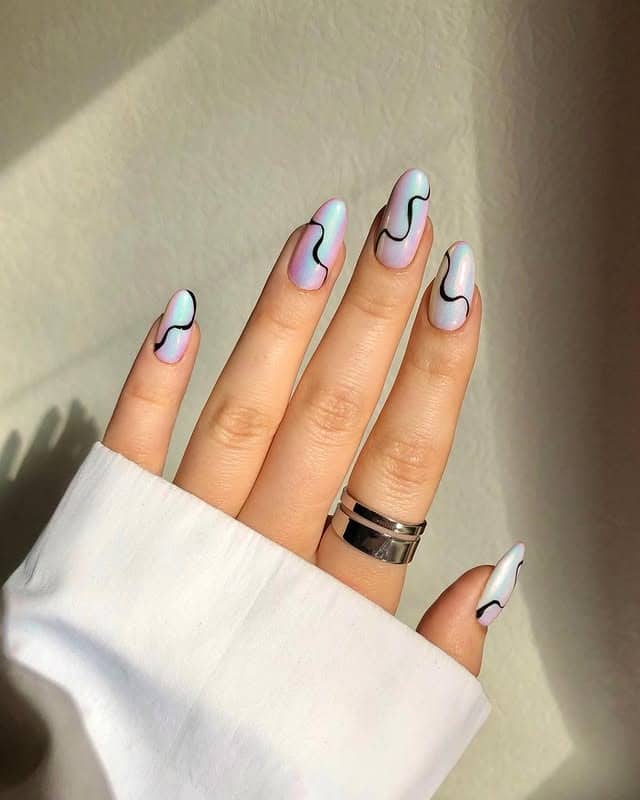 11. Iridescent Chrome Almond Nails with Black Squiggle Lines - squiggle nail ideas