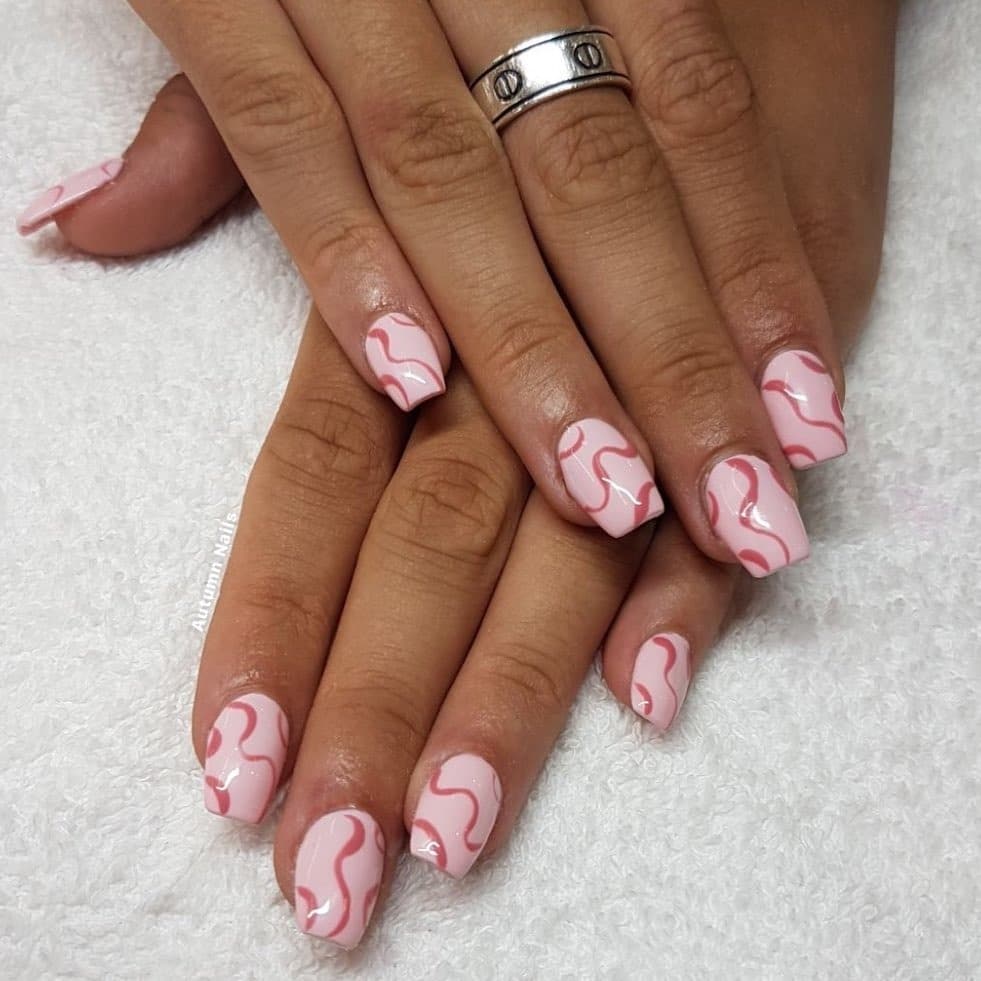 12. Soft Pink Square Nails with Glossy Squiggle Accents - squiggle nail ideas