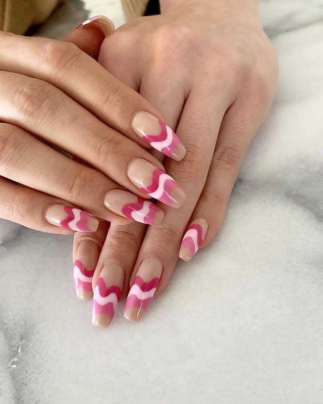 14. Nude Square Nails with Pink Layered Wave Squiggles - squiggle nail ideas