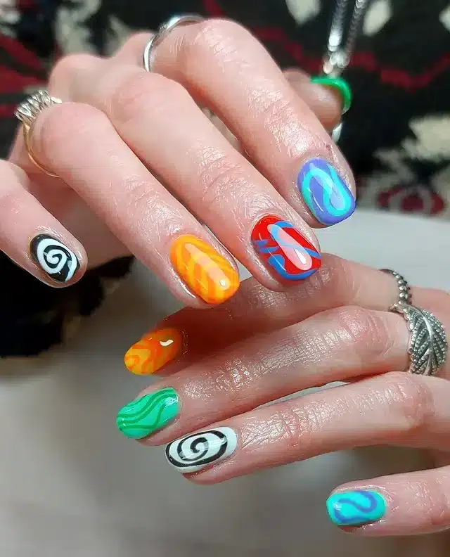 16. Multicolor Abstract Nails with Retro Squiggle Patterns - squiggle nail ideas