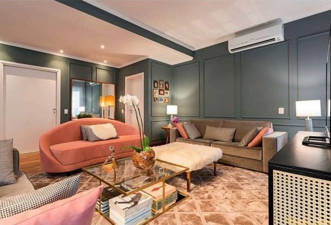 4. Moody Grey Walls with Dusty Rose Seating - pink and grey living room ideas