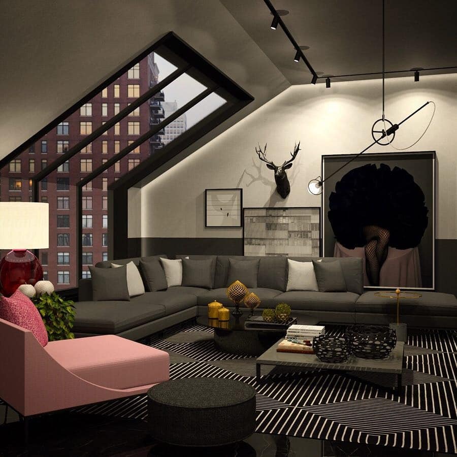 8. Dramatic Grey and Pink Loft Style Living Room - pink and grey living room ideas
