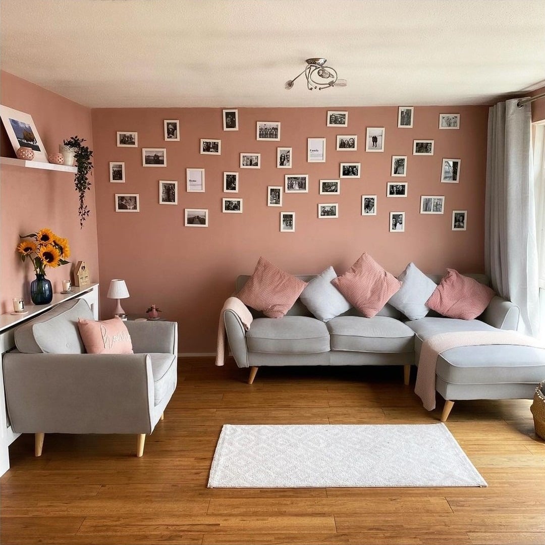 10. Peachy Pink Walls with Light Grey Sofa Arrangement - pink and grey living room ideas