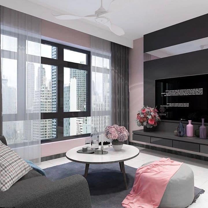 16. Contemporary Grey and Blush Pink Media Lounge - pink and grey living room ideas