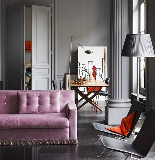 17. Classic Grey Interior with Pink Velvet Sofa Accent - pink and grey living room ideas