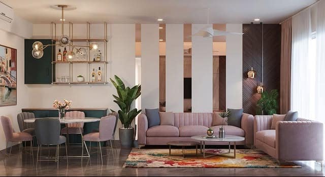 18. Open-Plan Living with Soft Pink Seating and Grey Elements - pink and grey living room ideas