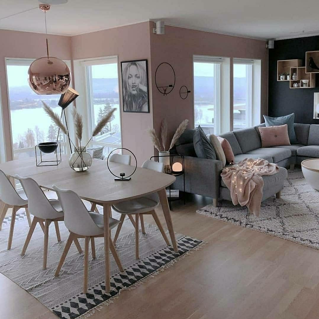 20. Scandinavian-Inspired Grey and Pink Dining Living Space - pink and grey living room ideas
