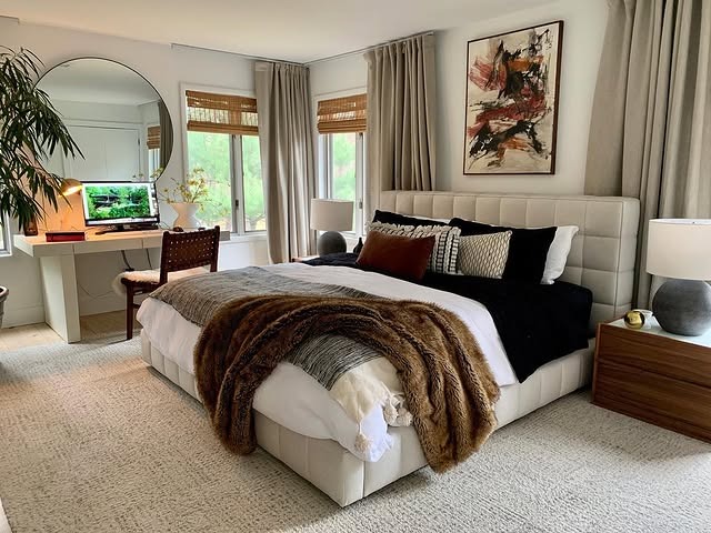 1. Warm Neutral Bedroom Office with Layered Textures - bedroom office ideas