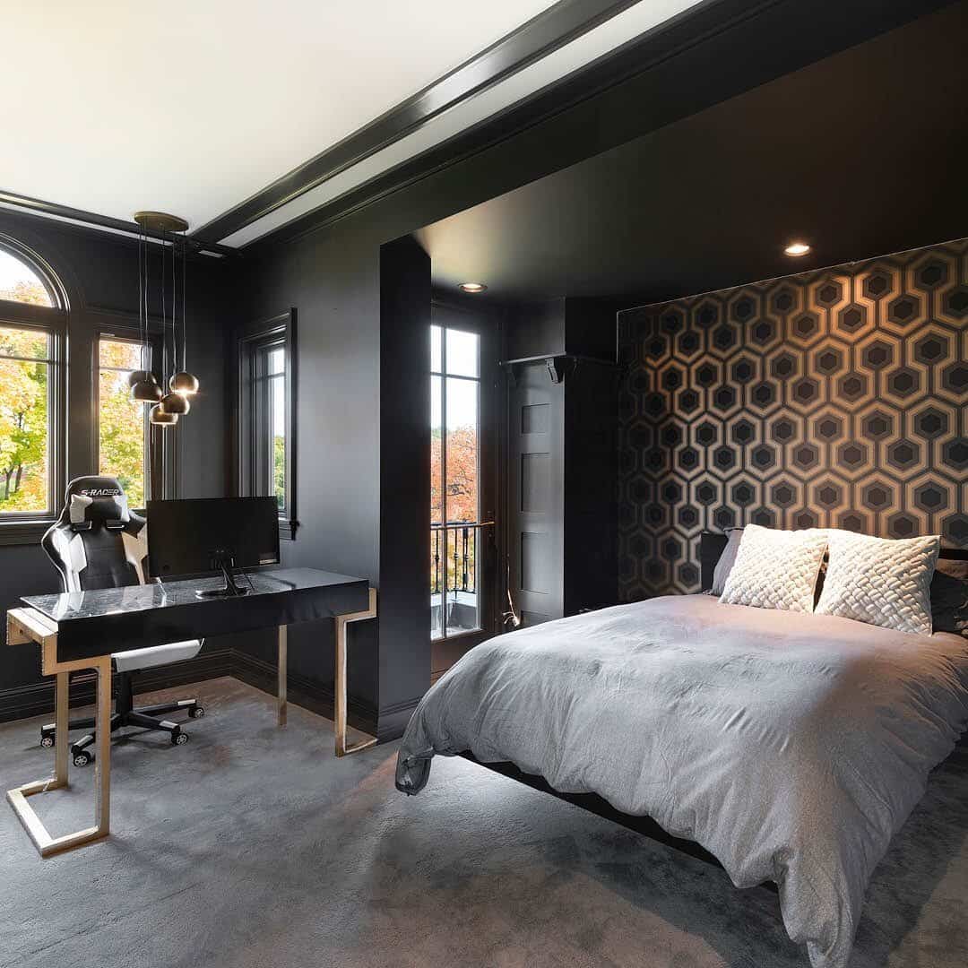 4. Moody Modern Bedroom Office with Statement Wall - bedroom office ideas