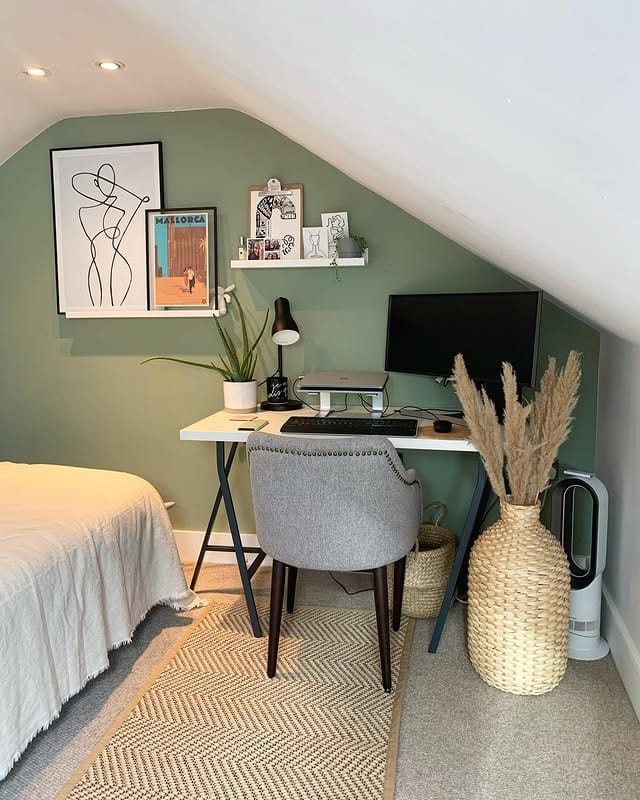 6. Cozy Attic Bedroom Office with Soft Green Accent Wall - bedroom office ideas