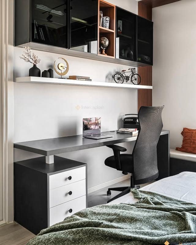 8. Sleek Built-In Bedroom Office with Two-Tone Cabinetry - bedroom office ideas