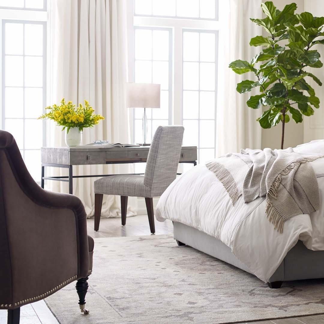 9. Soft Contemporary Bedroom Office with Light-Filled Workspace - bedroom office ideas