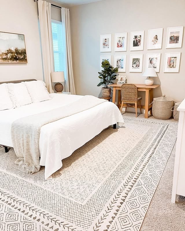 11. Soft Beige Bedroom Office with Gallery Wall Styling - bedroom office ideas