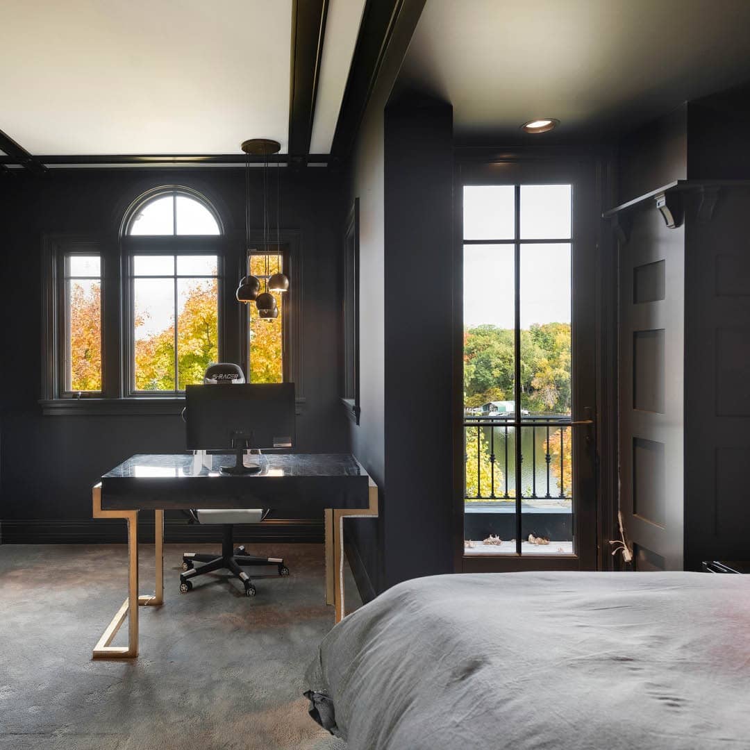 13. Dark Contemporary Bedroom Office with Black and Charcoal Palette - bedroom office ideas