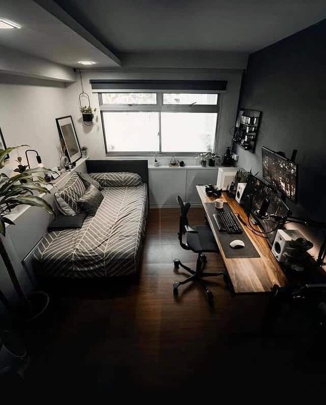 14. Compact Urban Bedroom Office with Monochrome Layers - bedroom office ideas