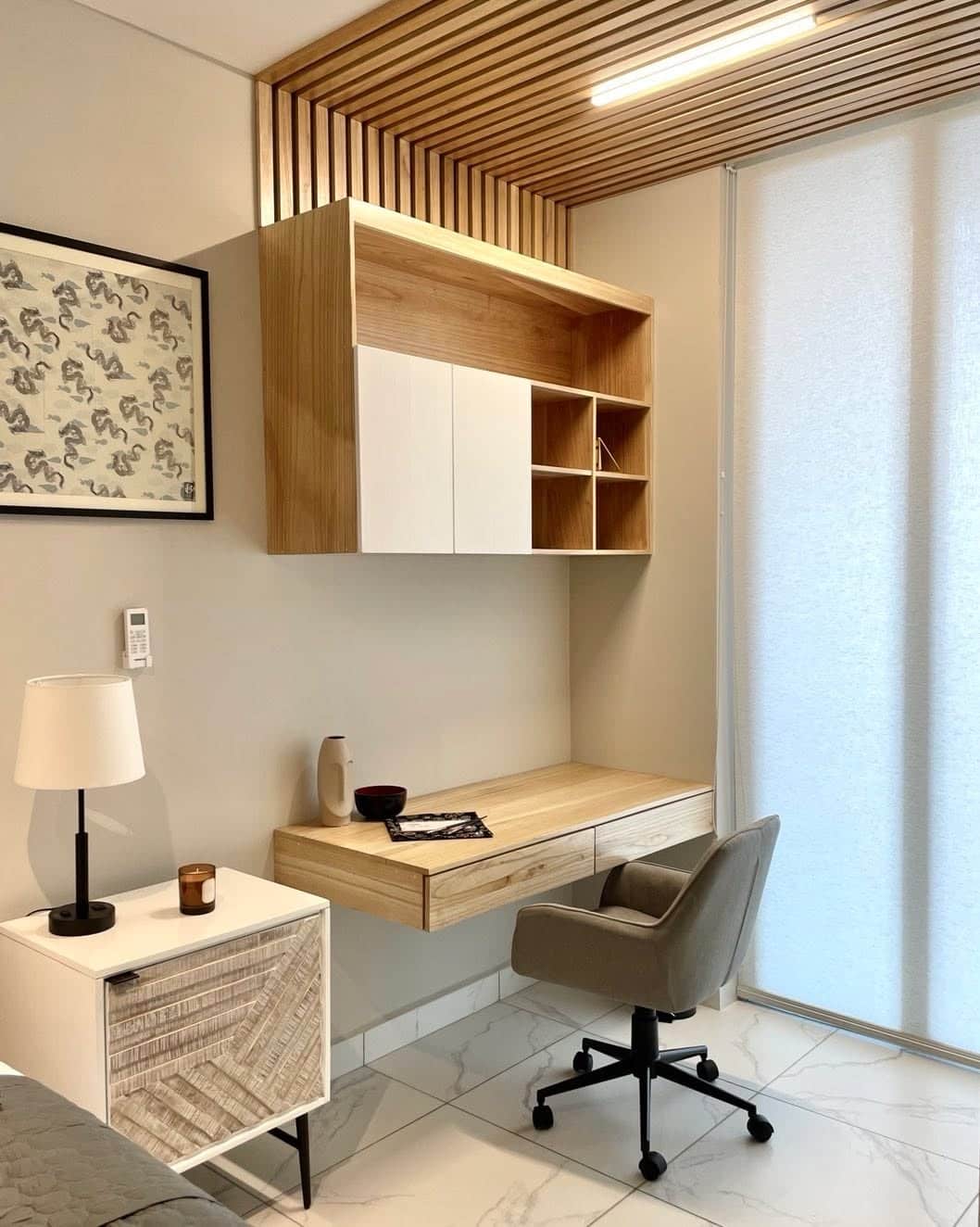 15. Minimal Wood Bedroom Office with Light Oak and White Accents - bedroom office ideas