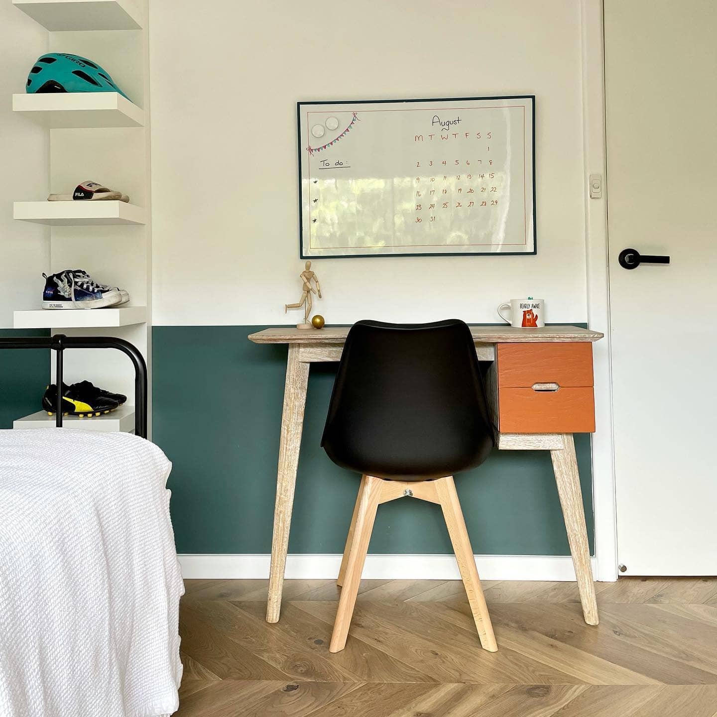 16. Playful Modern Bedroom Office with Green and Natural Wood - bedroom office ideas