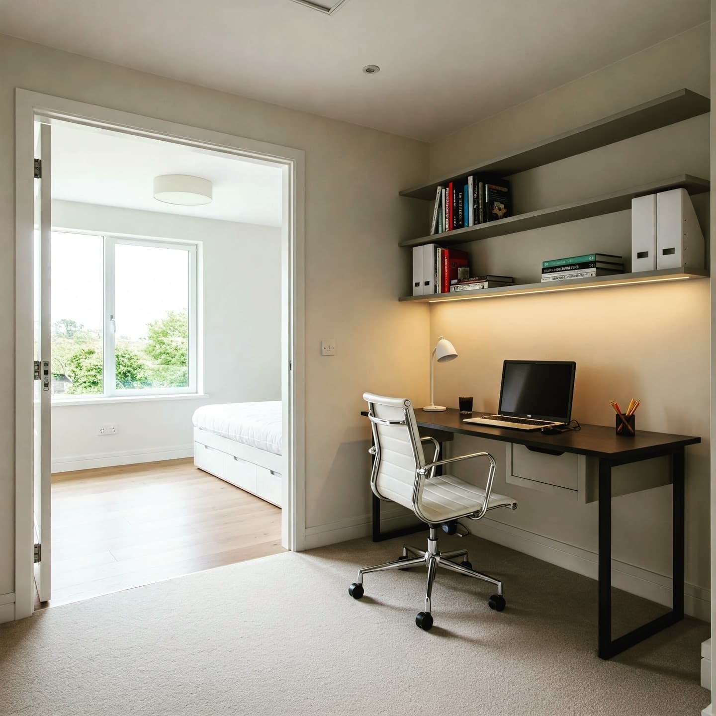 17. Minimalist Corner Bedroom Office with Neutral Layers - bedroom office ideas