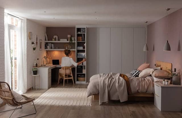 19. Modern Built-In Bedroom Office with Blush and Soft Neutrals - bedroom office ideas