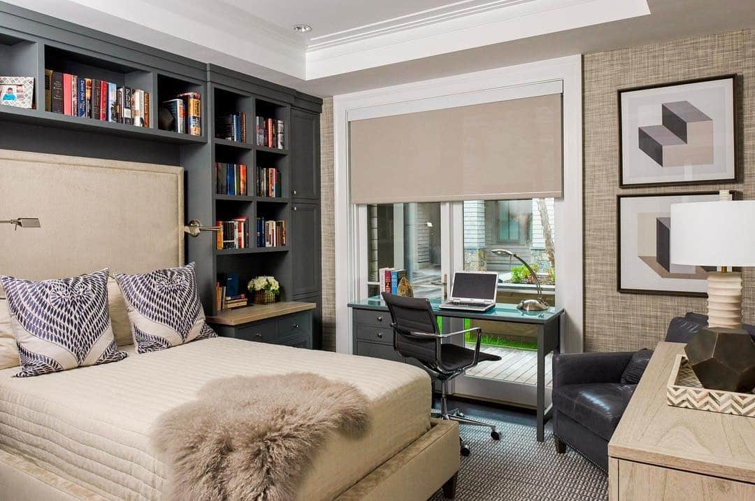 20. Classic Tailored Bedroom Office with Gray and Beige Layers - bedroom office ideas