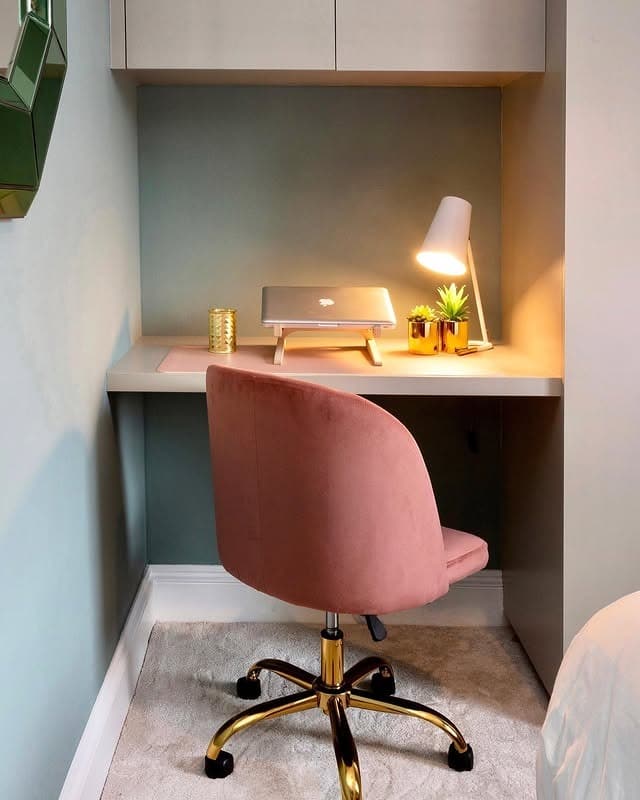 21. Soft Blush and Sage Compact Bedroom Office Nook - bedroom office ideas