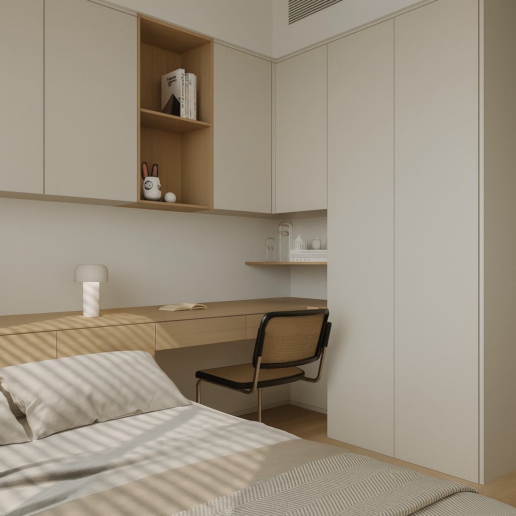 22. Minimal Built-In Bedroom Office with Cream and Light Wood Tones - bedroom office ideas