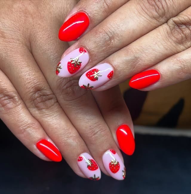 3. Bright Red Strawberry Accent Nails - strawberry nail ideas