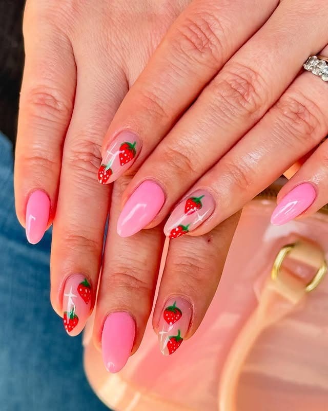 4. Soft Pink Strawberry Almond Nails - strawberry nail ideas