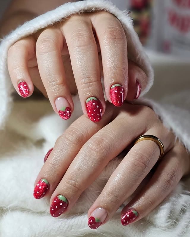 5. Strawberry Dot Nails with Green Tips - strawberry nail ideas