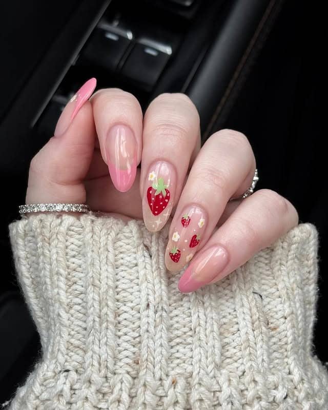 6. Pink French Strawberry Nails - strawberry nail ideas