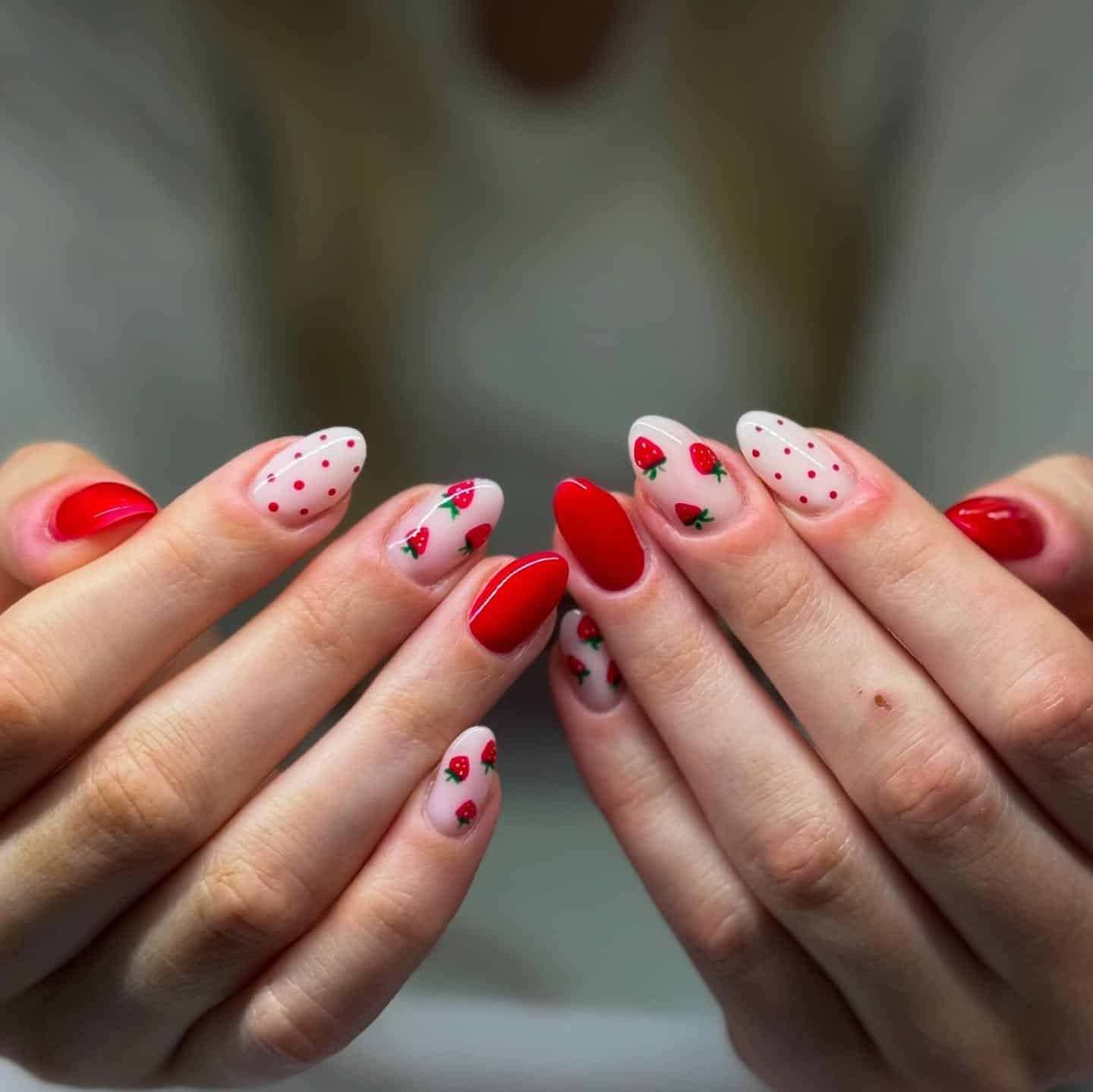 7. Minimal Strawberry Short Nails with Polka Dots - strawberry nail ideas