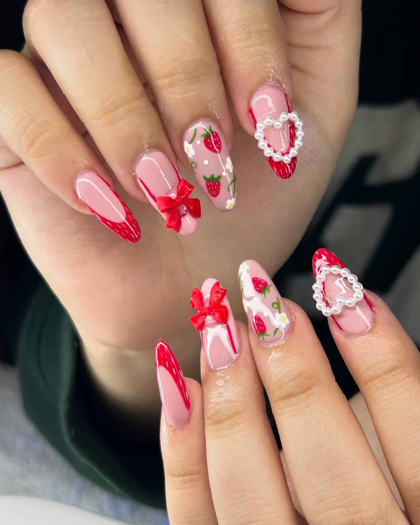 10. 3D Strawberry Nail Design with Bows and Pearls - strawberry nail ideas