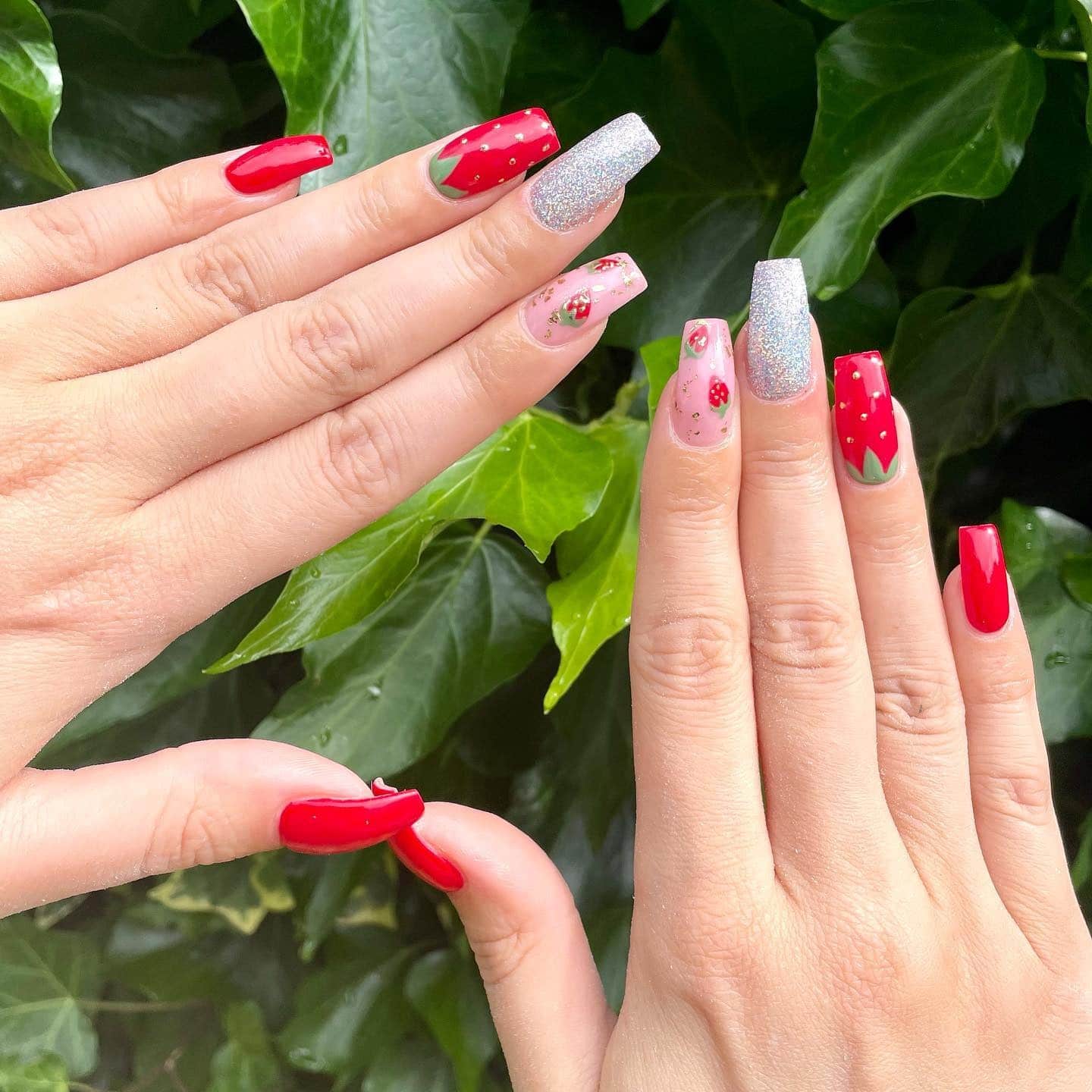 12. Mixed Strawberry Coffin Nails with Silver Glitter - strawberry nail ideas