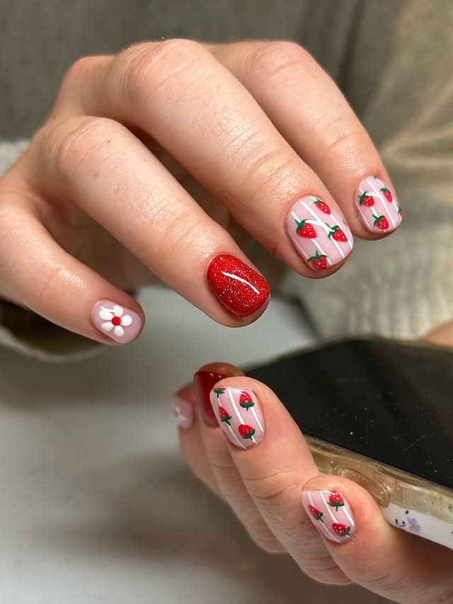 14. Strawberry Stripe Nails with Floral Accent - strawberry nail ideas