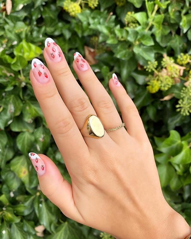 15. Minimal Strawberry Almond Nails on Sheer Base - strawberry nail ideas
