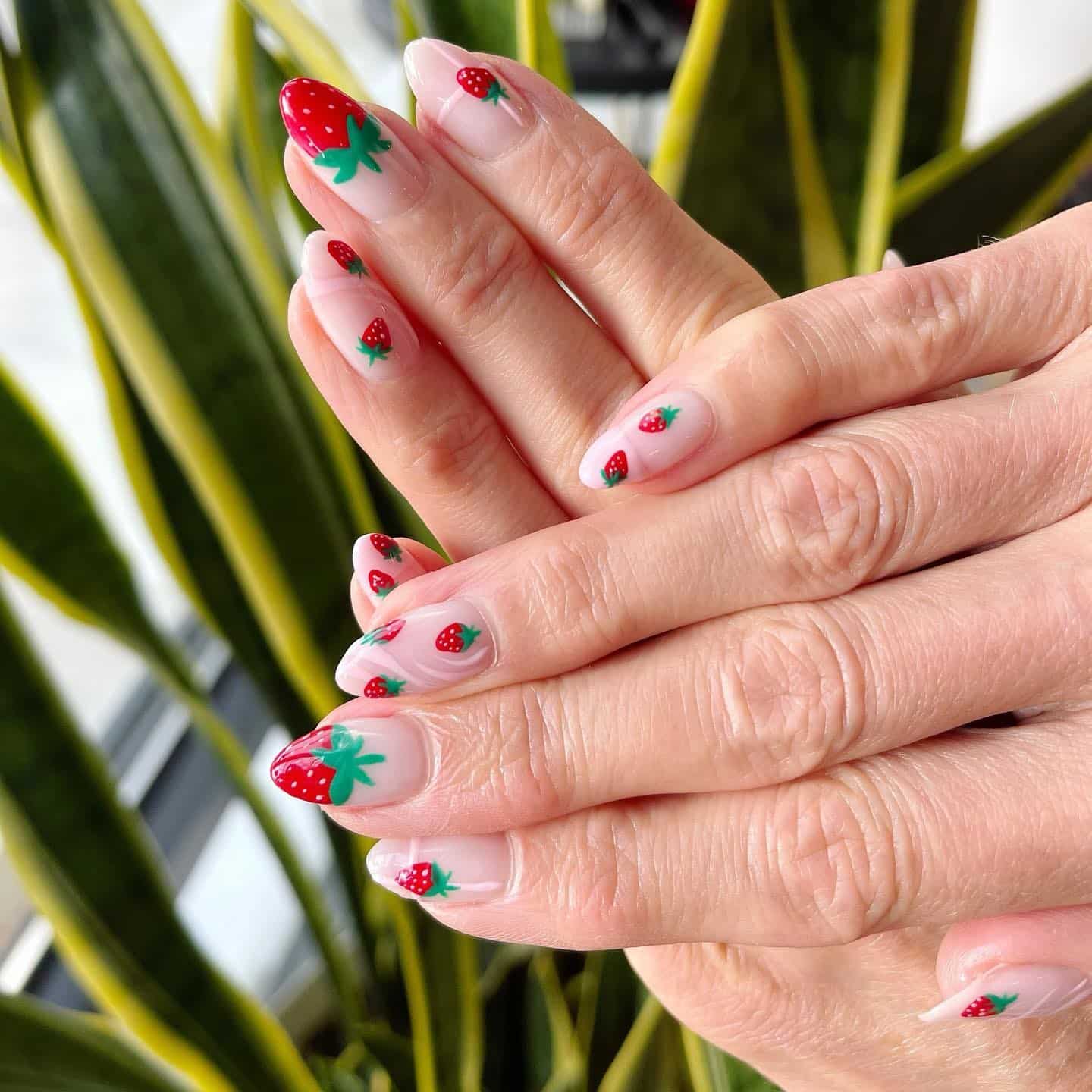 16. French Tip Strawberry Almond Nails - strawberry nail ideas