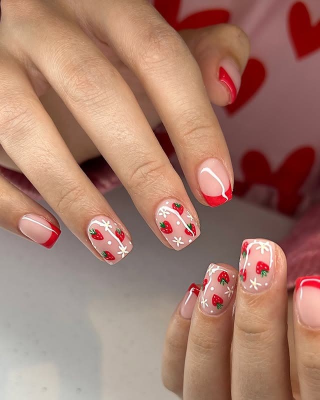 17. Strawberry Daisy Short Nails on Milky Base - strawberry nail ideas
