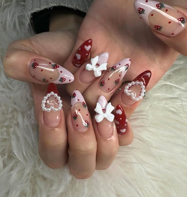 18. Red and Neutral Strawberry Nails with Micro Dot Details - strawberry nail ideas