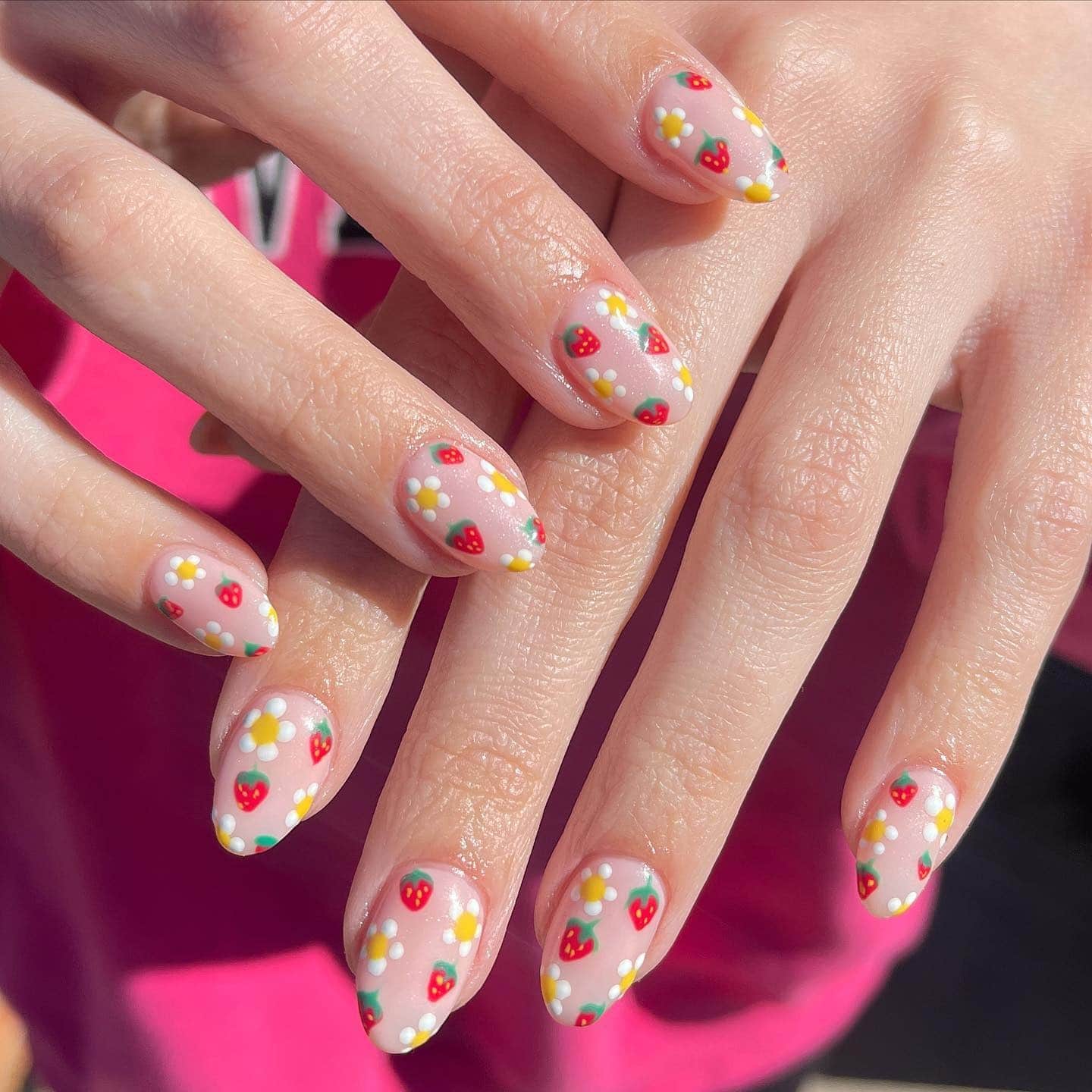 19. 3D Strawberry Nail Art with Pearls and Bows - strawberry nail ideas