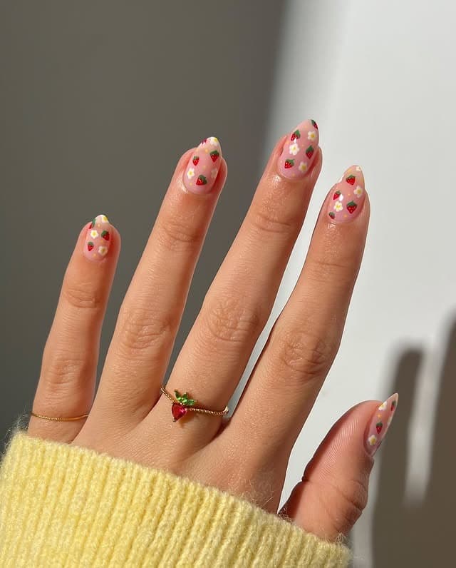 22. Sheer Nude Almond Nails with Mini Strawberry and Floral Art - strawberry nail ideas