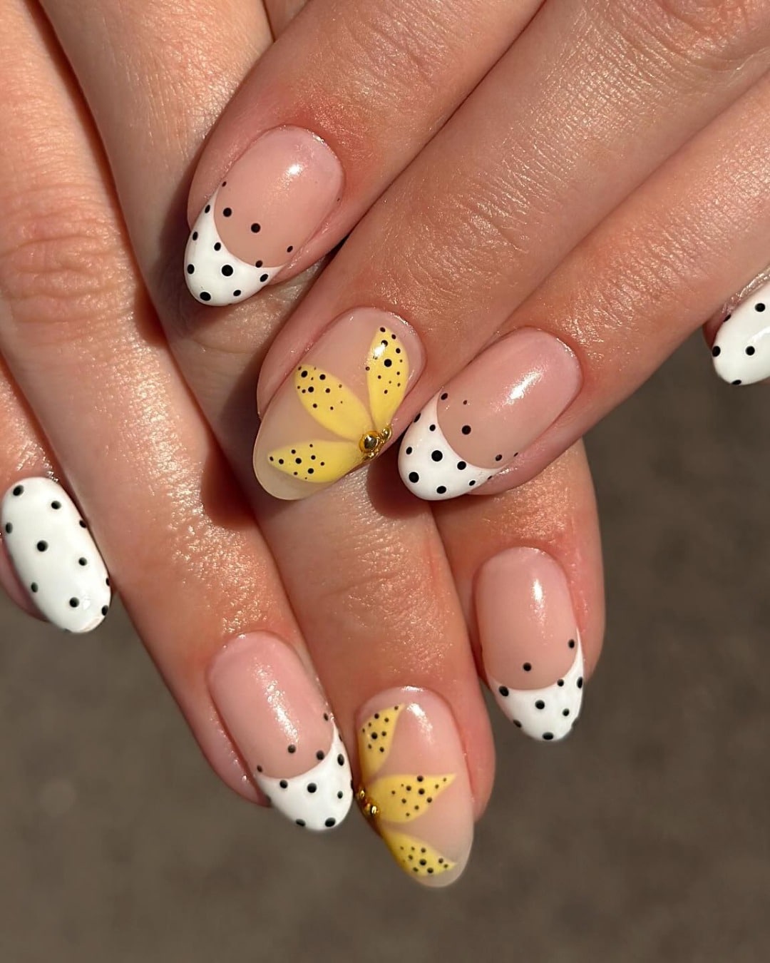 6. Polka Dot & Yellow Floral Oval Nails - summer oval nail ideas