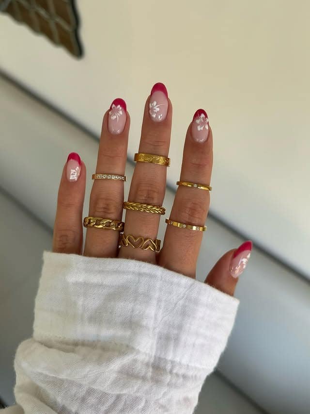 9. Red Micro French with White Floral Oval Nails - summer oval nail ideas