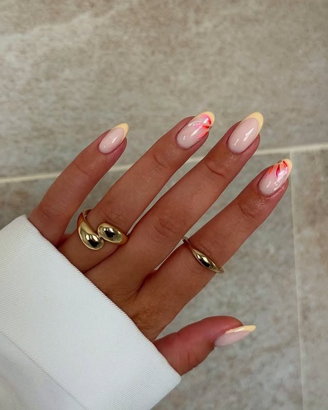 11. Lemon French Tip Oval Nails with Neon Flame Detail - summer oval nail ideas