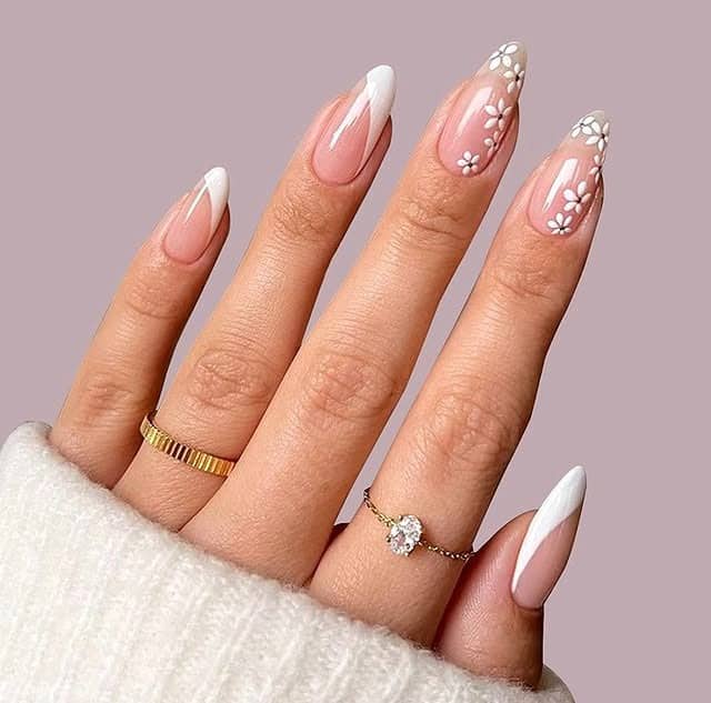 13. Soft White French Floral Oval Nails - summer oval nail ideas