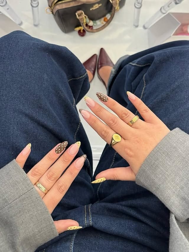 15. Chocolate and Butter Yellow Polka Dot Oval Nails - summer oval nail ideas