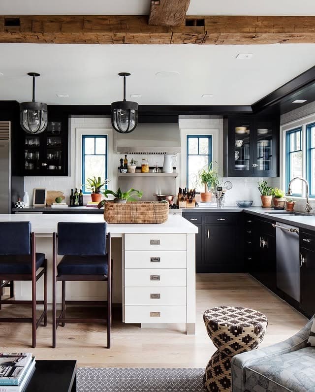 15. Transitional Black and White Kitchen with Natural Wood Accents - black and white kitchen ideas