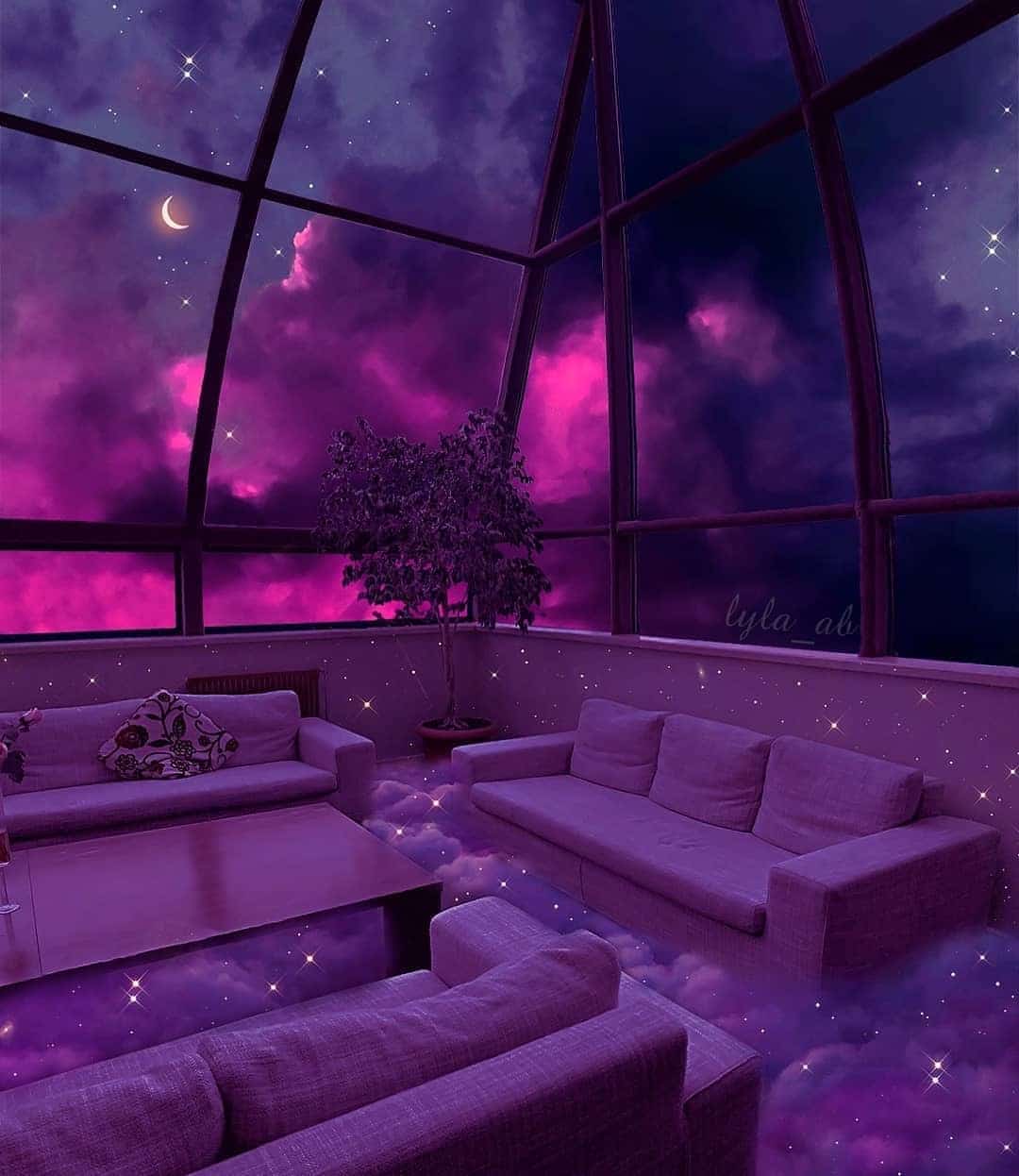 2. Dreamlike Purple Sky Lounge Concept - purple living room ideas