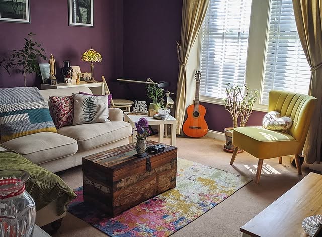 4. Eclectic Plum and Mustard Living Room Mix - purple living room ideas